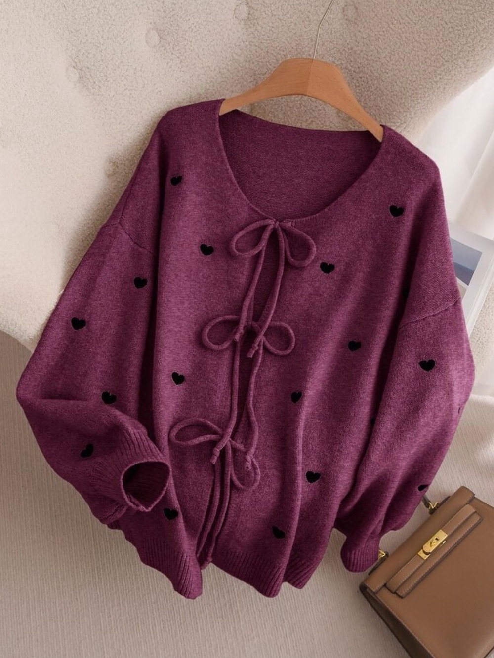 SHEIN Purple Tie-Front Heart Embroidered V-Neck Sweater